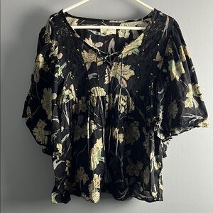 Denim & Supply Ralph Lauren Ruffled Peasant Boho Blue and Black Blouse Size Med